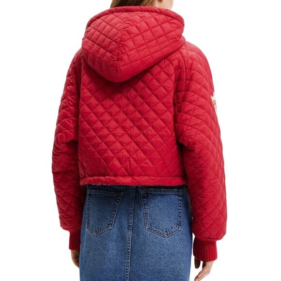 DESIGUAL Red Quilted Padded Hoodie With Patches Cropped Sz M NWT Puffer Pullover - Picture 2 of 12